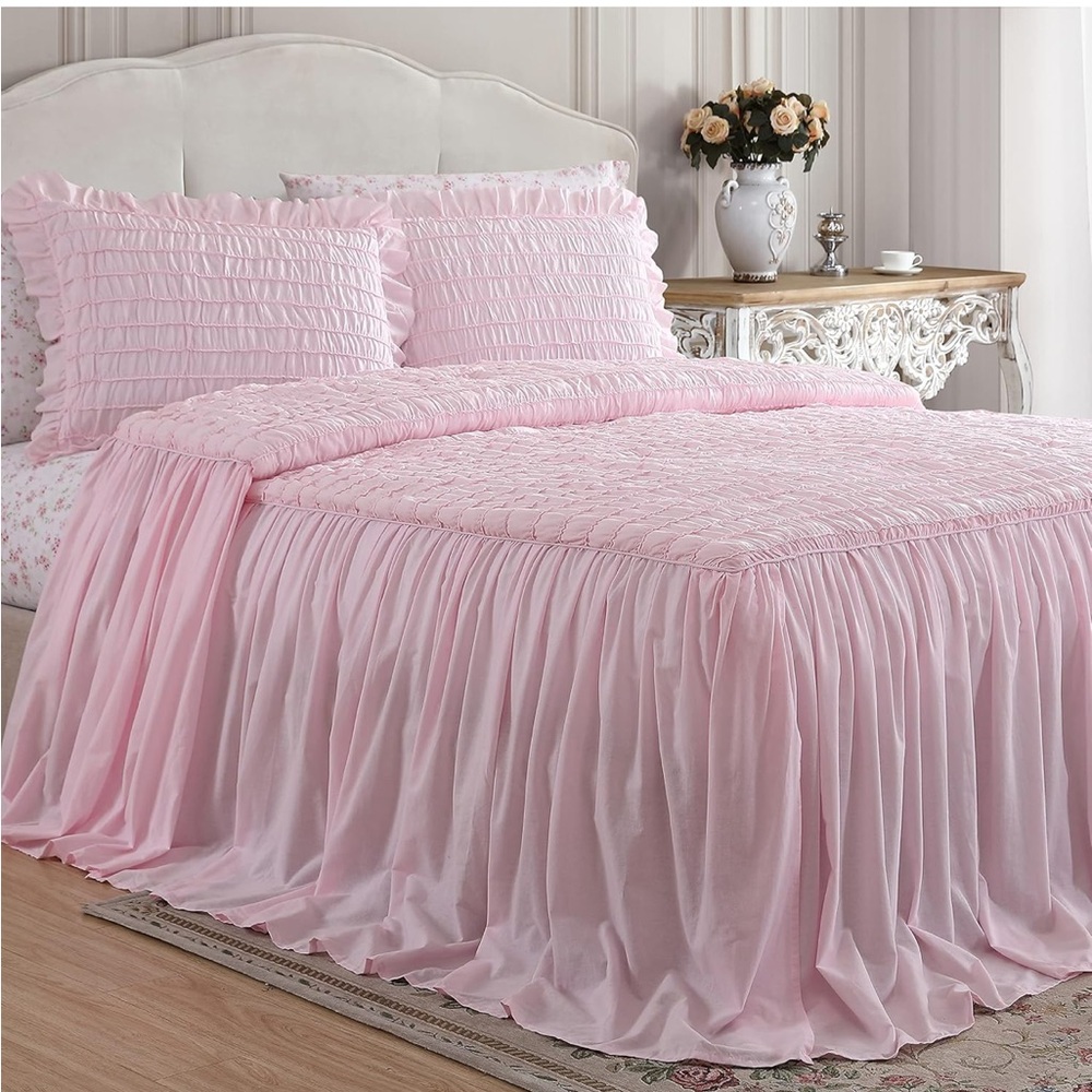SHABBY CHIC NWT cotton percale draped bedspread -seren rose -twin